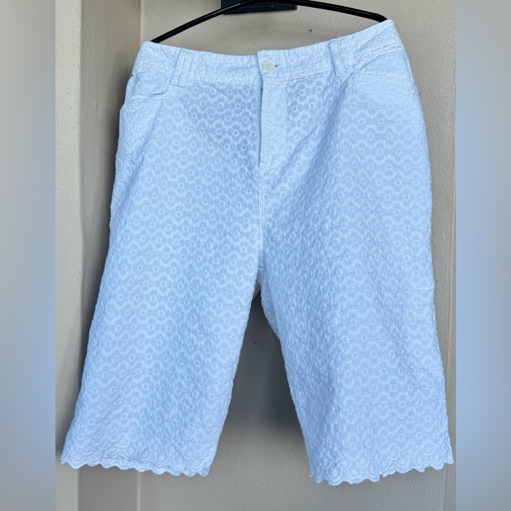 Carribean Joe Womens White Embroidered Scalloped Hem Cotton Shorts Pockets 16